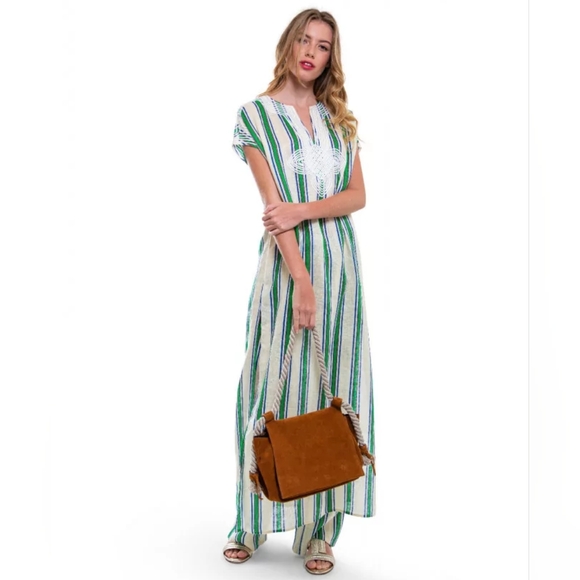TORY BURCH Green Blue yellow Preppy Striped Linen Kaftan Dress w/ Logo  Detail M
